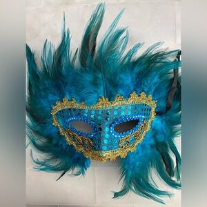 Teal Feathered Masquerade Mask with Gold Accents